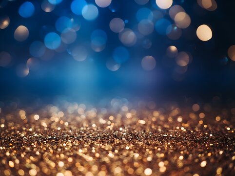 Gold glitter and blue bokeh background with shimmering sparkle light effects