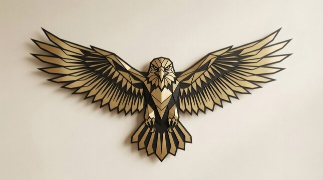Geometric eagle wall art crafted from golden and black metallic panels in low poly style for interior design.