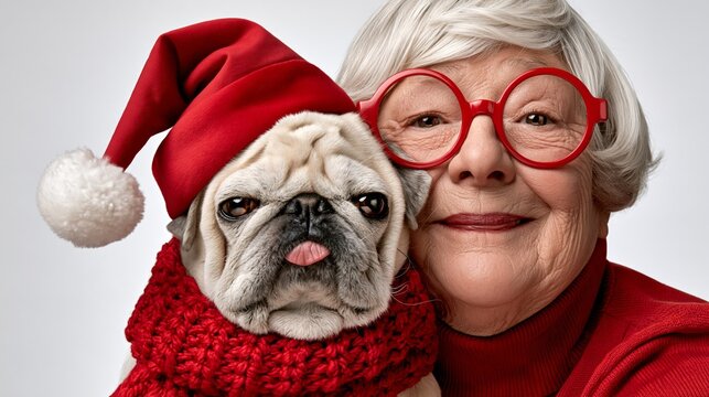 Whimsical holiday photo: a person taking a selfie with a grumpy pet looking unimpressed, on a bright white background with copy space.