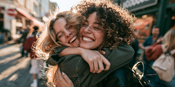 Two happy young women hugging each other with broad smiles, backlit by the sun on a street