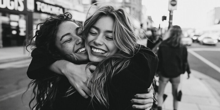 Two young women embracing on a city street, sharing a moment of pure joy and connection. Their laughter and smiles convey a strong sense of friendship and happiness