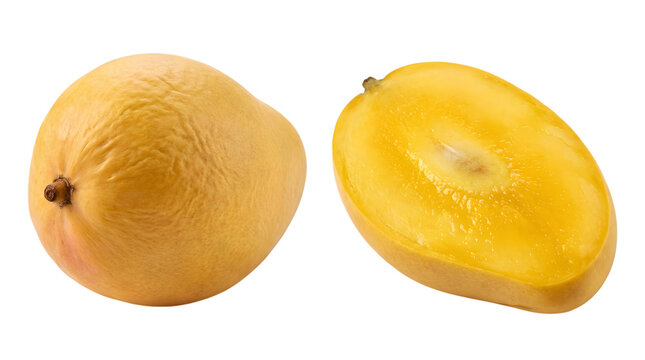 A vibrant depiction of a whole mango and a sliced half beautifully isolated on transparent background