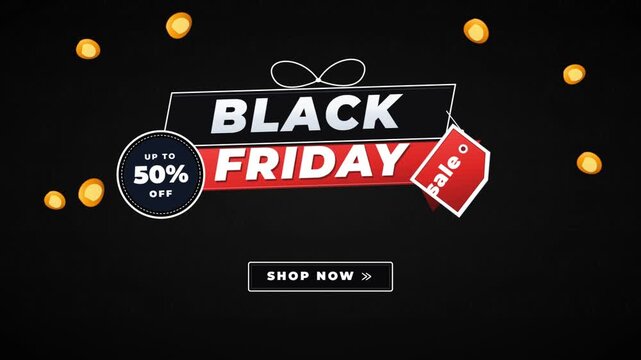 Black Friday sale banner with fifty percent off discount and gold coins on dark background.