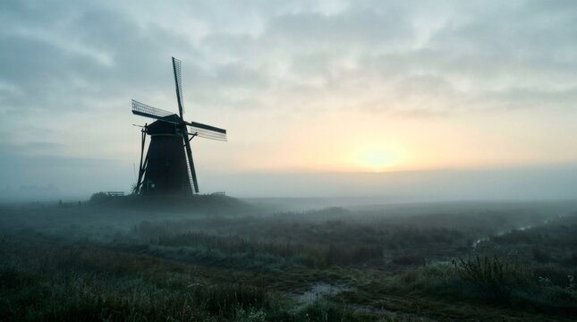 Traditional Dutch windmill standing in foggy grassy field during misty sunrise.