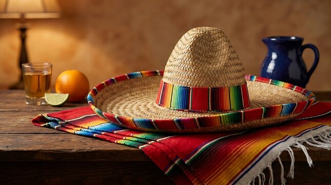 Traditional mexican sombrero hat resting on colorful sarape blanket with tequila glass and orange slice