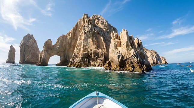 Scenic boat view approaching the famous rock arch formation at Land's End in Cabo San Lucas under bright blue sky