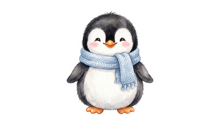 Obraz premium Cute baby penguin standing upright with blue scarf wrapped around neck in winter setting