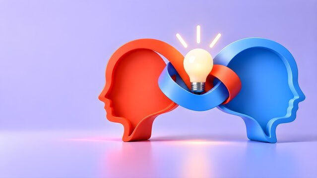 Two Minds Connected by One Bright Idea, Creative Thinking, Shared Ideas, Communication, Teamwork and Collaboration Concept with Light Bulb