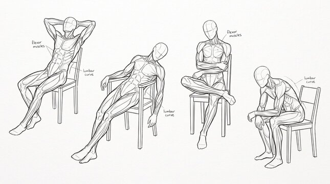 Anatomical study of human figures sitting in various postures on chairs.