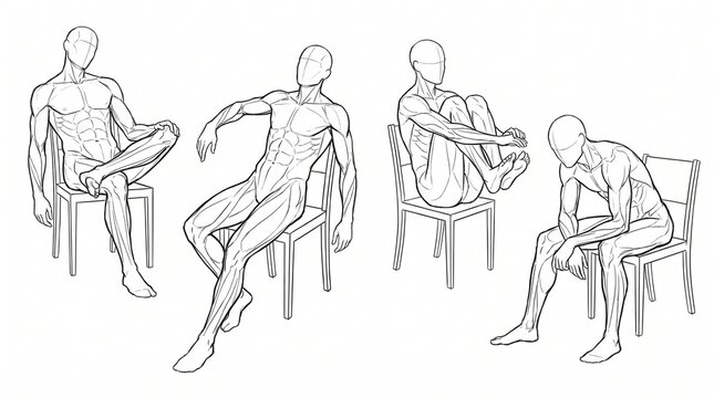 Set of male human body poses sitting on chairs for artistic reference and anatomy study.