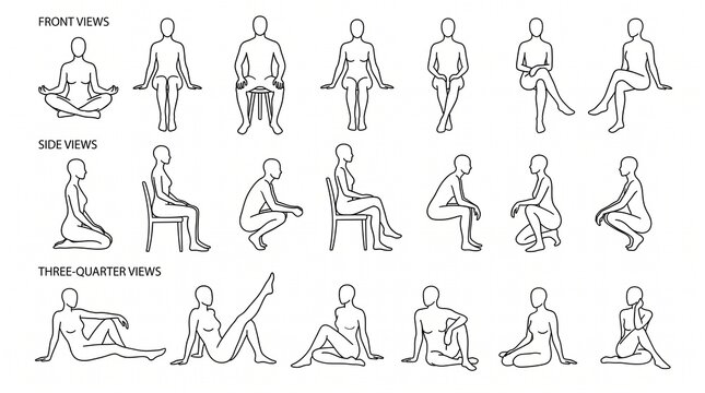 Collection of human figure line art icons showing various sitting and resting poses.