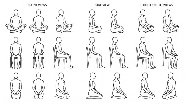 Set of human body posture line icons showing sitting and meditation positions from different angles.