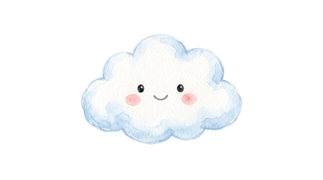 Cute fluffy white cloud with a smiling face and pink cheeks painted in a soft watercolor style