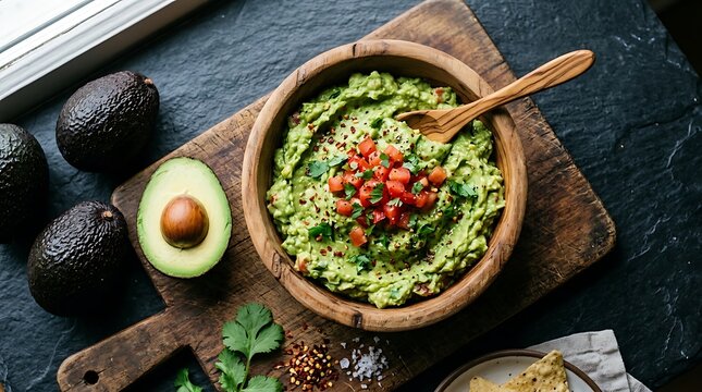 Fresh homemade guacamole in a wooden bowl with diced tomatoes and whole avocados on a rustic cutting board