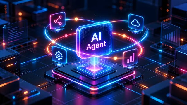 AI Agent concept with glowing neon interface icons for data cloud settings and sharing representing artificial intelligence and digital network