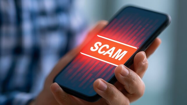 Hands holding a mobile phone displaying a bright red alert notification, warning of a potential online scam threat