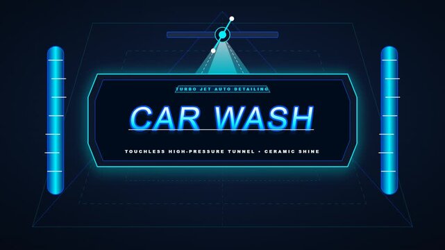 Futuristic digital interface sign for a professional touchless high pressure car wash and detailing service.