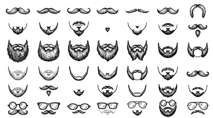 Fototapeta premium Vintage hand drawn beard and mustache vector set, collection of 49 facial hair styles and glasses, retro barber shop grooming icons