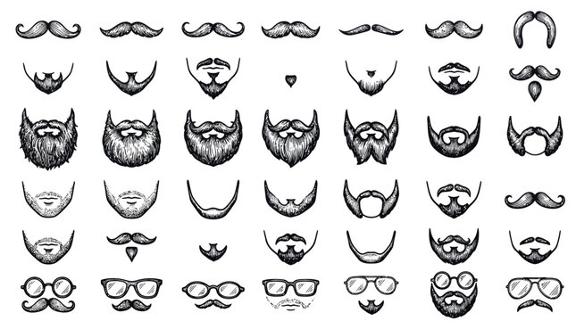 Vintage hand drawn beard and mustache vector set, collection of 49 facial hair styles and glasses, retro barber shop grooming icons