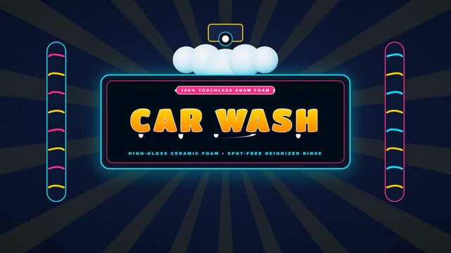 Neon style car wash signage banner with bubbles and dark background.
