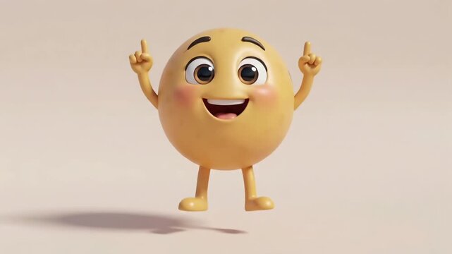 3D Yellow Spherical Smiley Character Pointing Upward on Pastel Beige Background