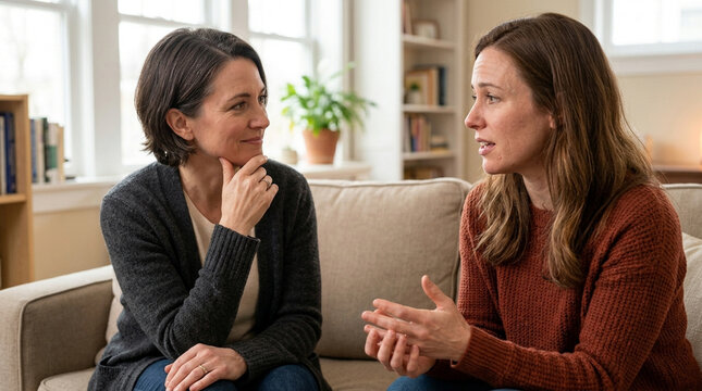 Two women talking on a couch, one listening intently, the other gesturing