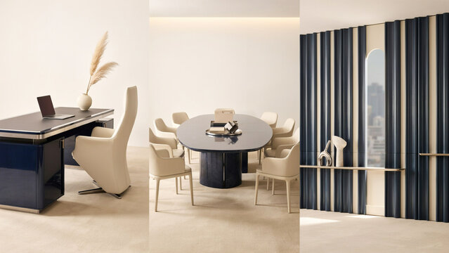Triptych of a modern office desk, a conference table, and striped curtains in a room