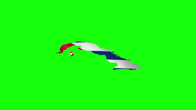 Cuba island map with a waving flag of blue and white stripes and a red triangle on green screen