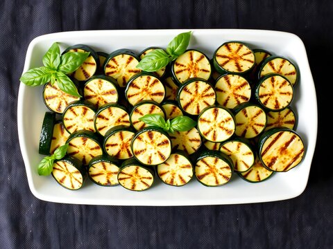 Grilled zucchini slices in a white bowl with fresh basil leaves