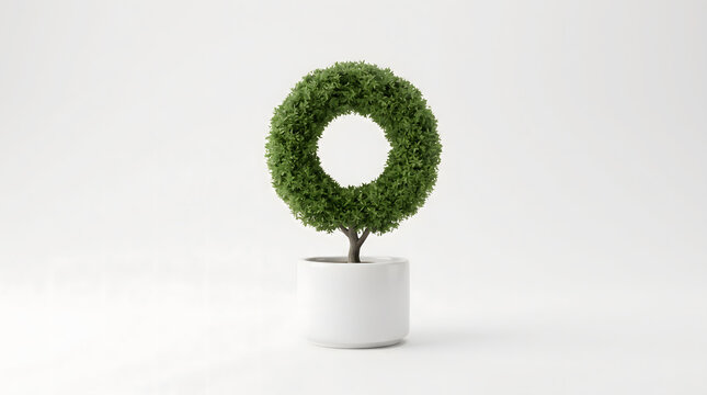 Minimalist zen concept of a bonsai tree with green foliage pruned into a perfect hollow circular ring