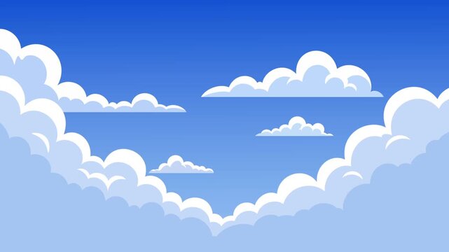 Layered white clouds gently push closer within a bright blue sky while inner clouds shift subtly for depth, creating a safe parallax loop ideal for titles, presentations, ads, and calm backgrounds.