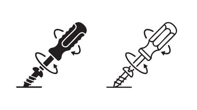screwdriver turning screw vector icon silhouette with line art design silhouette with line art vector icon