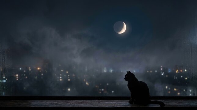 Black Cat on Rooftop at Night Under the Full Moon