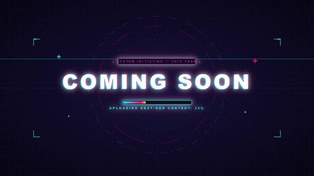 Futuristic digital coming soon announcement screen with neon glowing text and loading bar.