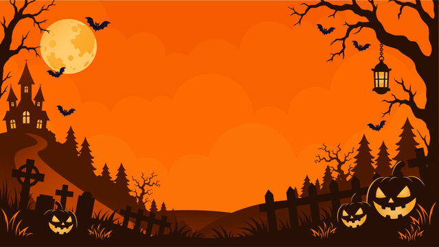 Halloween vector background with haunted castle, moon, bats, spooky trees, cemetery, pumpkins and lantern, orange night sky, gothic graveyard landscape, scary autumn holiday illustration copy space