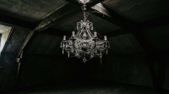 Grand Antique Chandelier Hanging in Dark Vaulted Hallway
