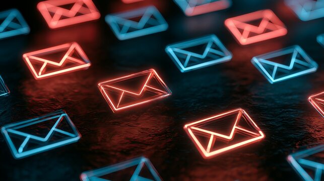 Glowing email icons arranged on a dark surface, representing digital communication, correspondence, and business connectivity