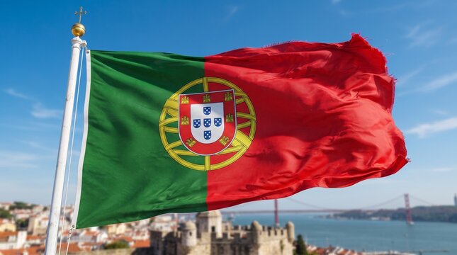 Waving flag of portugal against a bright blue sky with a coastal background