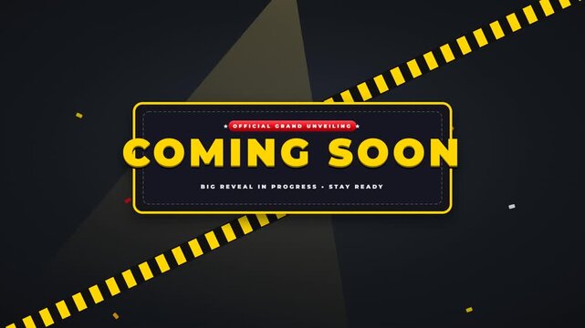 Coming soon announcement banner with modern dark background and yellow caution tape elements.