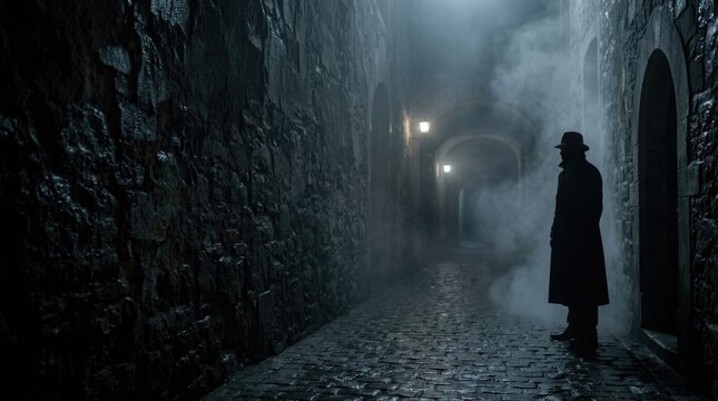 Mysterious cobblestone alleyway shrouded in fog