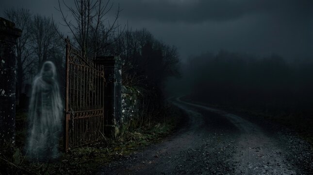 Mysterious Foggy Road Past an Antique Iron Gate