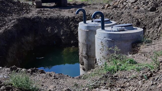 Two precast concrete septic tanks or wastewater manholes with curved vent pipes sit inside an excavated pit partially flooded with standing water at a construction site.