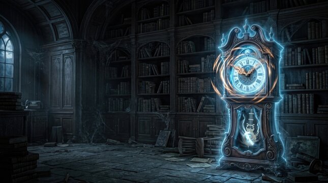 Mysterious Glowing Clock in an Antique Library Setting