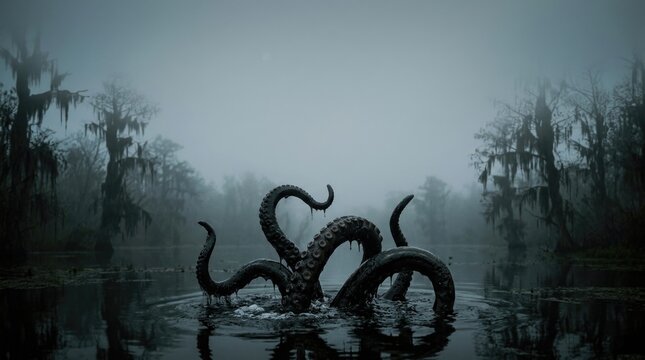 Mysterious Kraken Rising from a Misty Cypress Swamp