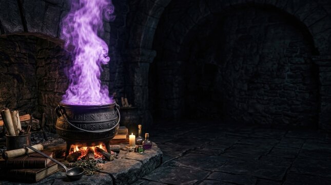 Mystical Cauldron Brewing Purple Magic Potion in Dungeon