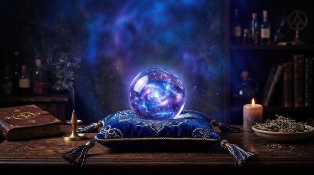 Mystical Crystal Ball Glowing with Cosmic Energy on Wood