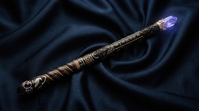 Ornate Magic Wand Staff with Glowing Tip on Dark Fabric