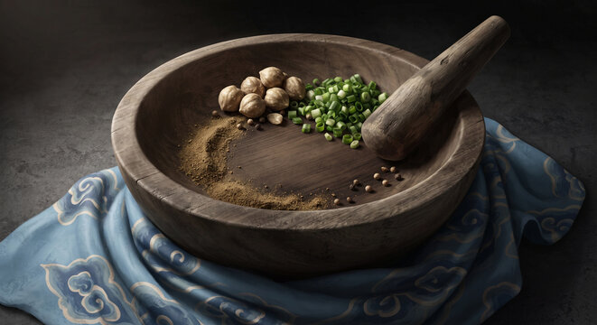 Traditional wooden mortar with candlenuts, chopped green onions, and spice powder
