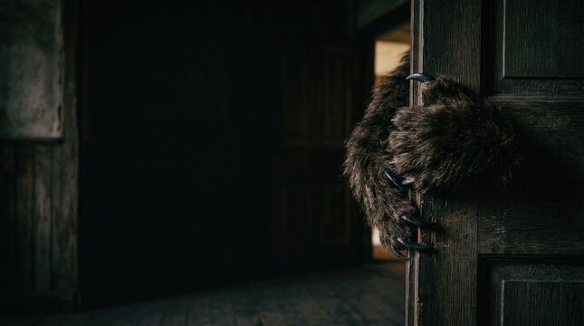 Rustic Dark Wood Doorway with Fur Accent in Moody Light