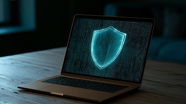 Glowing shield icon displayed on laptop screen symbolizing cybersecurity and data protection, digital safety concept